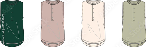 Technical flat sketch of a women's sleeveless henley top with a button placket, showcasing diverse muted and earthy color options, ideal for fashion design and apparel concept development