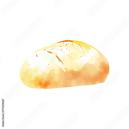 Watercolor illustration of a simple bread, hand drawn in soft warm tones, minimalist style, isolated on white background.