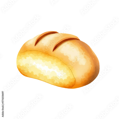 Watercolor illustration of a simple bread, hand drawn in soft warm tones, minimalist style, isolated on white background.