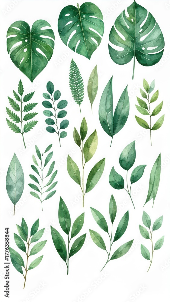 Fototapeta premium Botanical Watercolor Study: A collection of meticulously painted, vibrant green leaves bursts with life. Capturing the fresh and inviting details of botanical art.