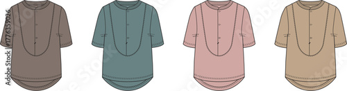 Set of men's longline tunic shirts with mandarin collar and three-quarter sleeves in various colors. Fashion flat technical drawing template