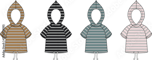 Set of children's striped hooded ponchos in four color options. Vector fashion flat sketch template for kids apparel and beachwear design