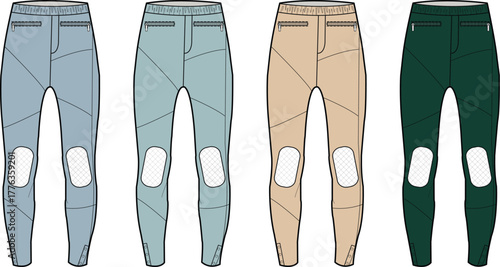 Collection of Four Different Colored Pants with Distinctive Stitching and Panel Designs