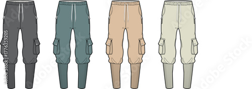 A collection of cargo jogger pants technical flat sketches. This fashion vector illustration shows multiple colorway options for apparel design and clothing mockups