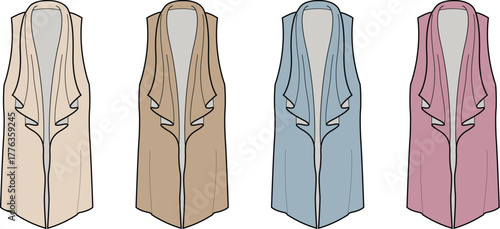 Women's sleeveless longline vest collection technical flat drawing. Set of draped open front cardigans in multiple colors for fashion design