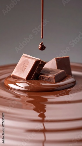 Chocolate Cascade: A close-up shot of melted chocolate cascading over pieces of chocolate, inviting indulgence and capturing the rich texture and deliciousness.