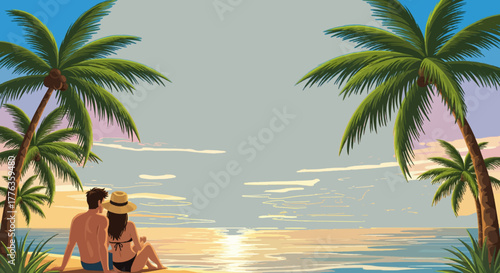 Vector illustration of a happy couple enjoying a luxury sunset on the beach during summer vacation.