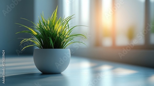 Green Plant in White Pot Near Window with Sunlight.