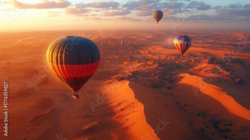 Hot air balloons soar over the Namib Desert at sunrise.