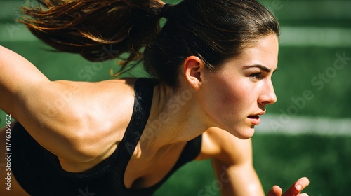 Athletic woman engaged in outdoor sports, captured in dynamic motion with natural sunlight and blurred background.