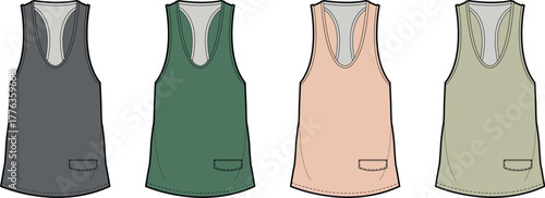 Four different tank top designs in various colors displayed on mannequins