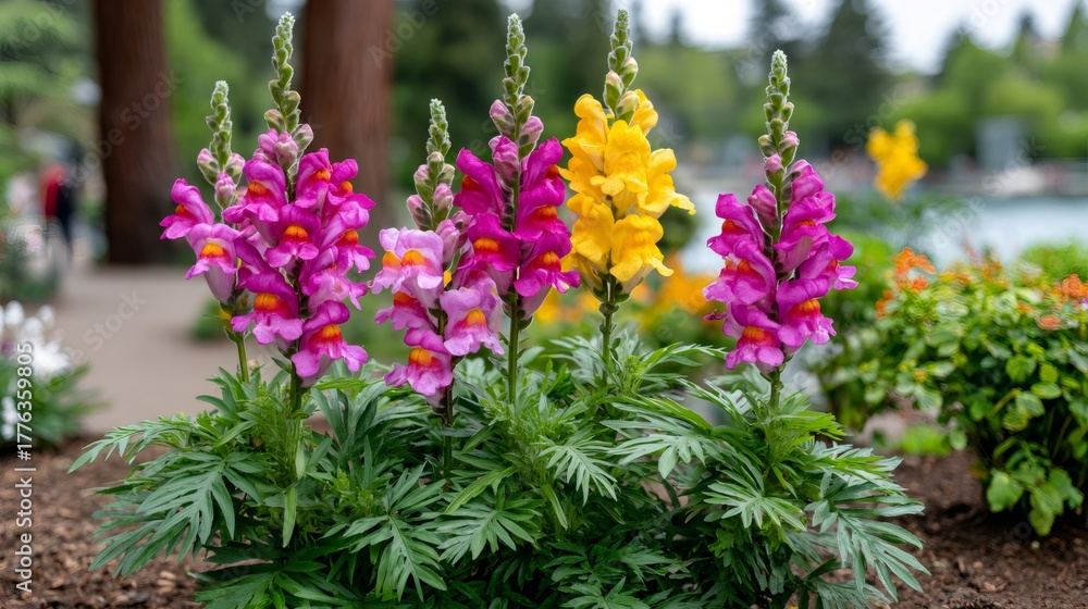 Obraz premium Colorful snapdragon flowers blooming in a vibrant park garden