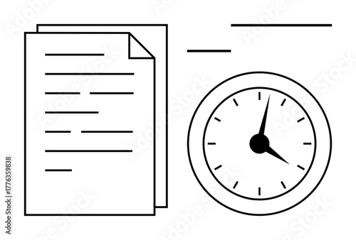 Paper documents symbolizing tasks or information alongside a clock emphasizing timing, deadlines, or productivity. Ideal for time management, work efficiency, deadlines, office workflow