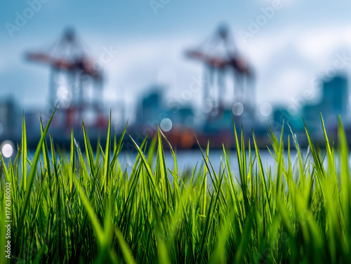 Vibrant blades of green grass in sharp focus with an industrial port and cranes softly blurred in the background under a bright blue sky during daytime