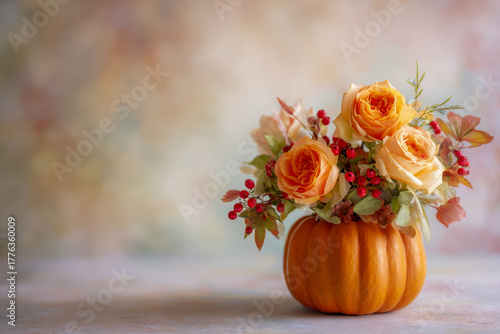 Elegant autumn floral arrangement featuring vibrant orange roses and red berries displayed inside a small decorative pumpkin on a blurred pastel background