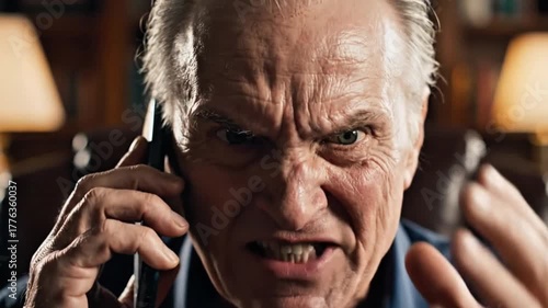 Angry senior man shouting on phone in dark room with emotional expression and warm lighting  
