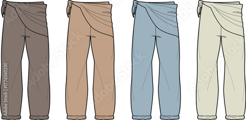 Stylized vector illustration showcasing a selection of comfortable and elegant draped trousers in a spectrum of color options, perfect for fashion design inspiration and apparel collections