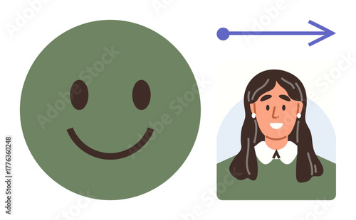 Green happy face transitions into a female portrait with dark hair using a right-pointing arrow. Ideal for transformation, process, progress, emotion, identity change, evolution, and personalization