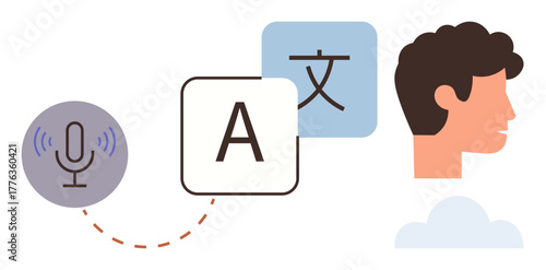 Microphone emitting sound waves, language translation letters, and a human profile. Ideal for communication, language learning, translation tools, voice recognition, AI, global connection simple