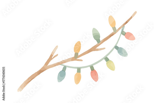 Watercolor Christmas String Lights on Branch, Soft Pastel Colored Bulbs