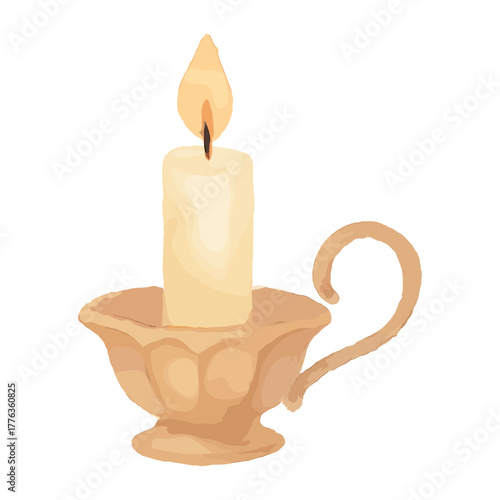 Watercolor Candle in Ornate Holder with Flame, Soft Warm Tones