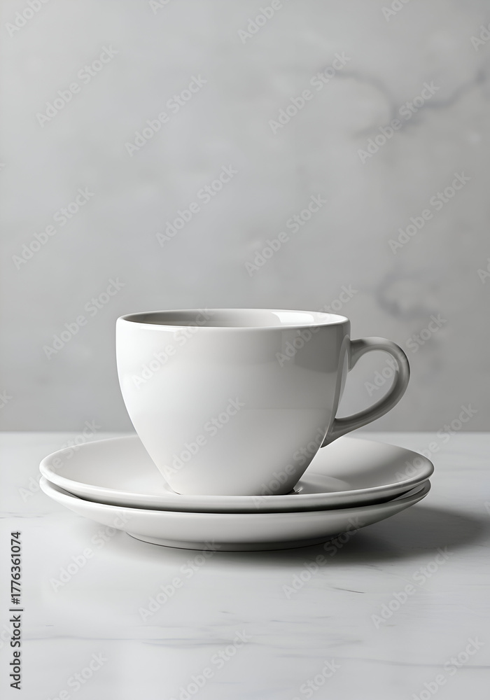 Obraz premium White coffee cup and saucer set on marble surface. Empty cup and saucer resting on a light gray marble table.