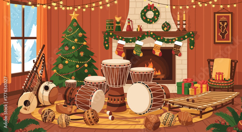 A cozy Christmas living room filled with various percussion instruments, a decorated Christmas tree, and a festive fireplace.