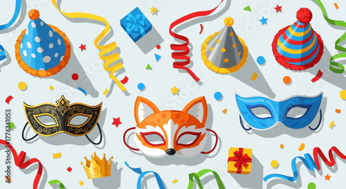 Festive assortment of party decorations including masks, hats, confetti, and gift boxes scattered on a light surface.