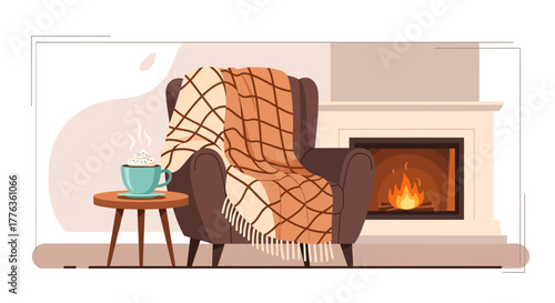 A cozy armchair draped with a warm blanket sits beside a steaming cup of coffee next to a fireplace.