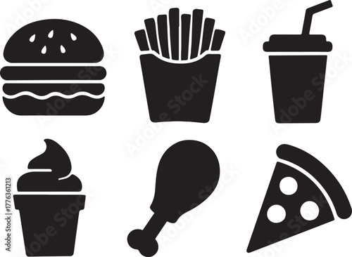 Collection of six popular fast food icons clean silhouette vector illustration