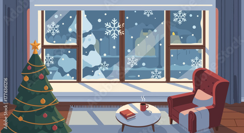 Cozy winter scene with a decorated Christmas tree and a comfortable armchair by a large window looking out at falling snow and city buildings.