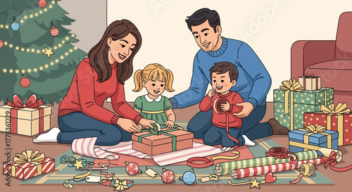 Family joyfully unwraps Christmas presents together, creating a festive and heartwarming holiday scene.