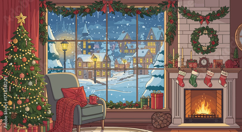 Cozy Christmas living room with a decorated tree, a warm fireplace, and a window view of a snowy village at night.