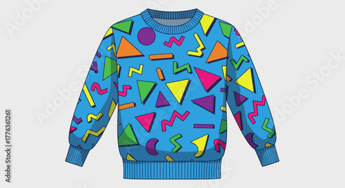 A vibrant blue sweatshirt adorned with a retro geometric pattern of colorful triangles, circles, and squiggly lines.