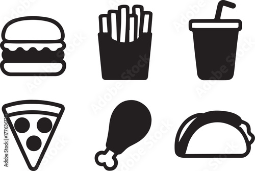 Collection of six popular fast food icons silhouette vector illustration