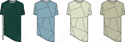 Collection of modern t-shirt designs featuring abstract geometric patterns in various colors, perfect for contemporary fashion apparel