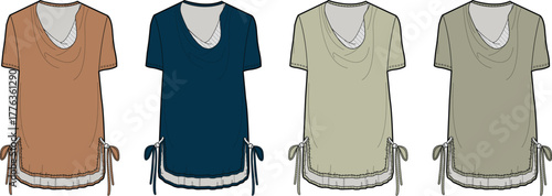 Set of women's cowl neck tunic top technical flat sketches with side ties, presented in four different colorways for apparel design