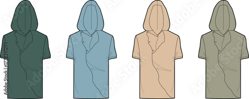 Set of diverse color variations for a stylish short-sleeved hooded top technical drawing, perfect for fashion design and apparel production concepts and versatile casual wear