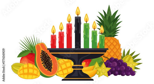 Kwanzaa celebration illustration with kinara, candles, and fruits.