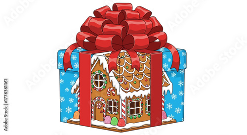 A festive Christmas gift box with a large red bow featuring a gingerbread house design.