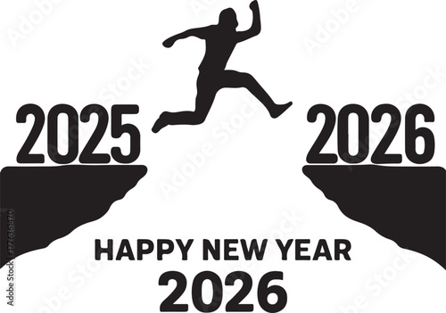  Happy New Year 2026 Silhouette vector illustration of a man leaping from 2025 to 2026 over A New Year Concept