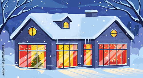 Cozy house in winter with Christmas tree and decorations, covered in snow.