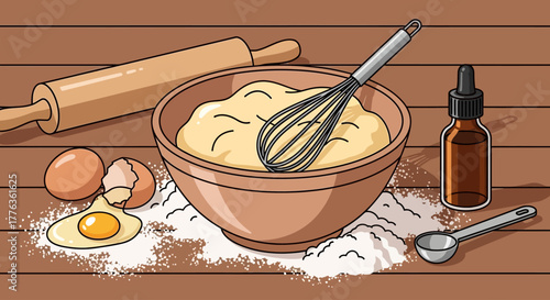 Baking ingredients and tools laid out on a wooden surface, including a bowl of batter, eggs, flour, a rolling pin, a whisk, and a bottle of flavoring.