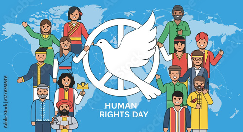 A diverse group of people from different cultures holding hands around a peace symbol with a dove and a world map, celebrating Human Rights Day.