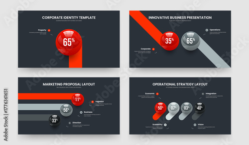 Advertising Innovation 1 2 3 4 Option Chart Presentation Design Collection. Professional Profile One Two Three Four Element Infographic Frame Layout Vector Illustration Set.