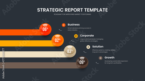 Market Solution Four Element Diagram Slideshow Template. Colorful Visualization 4 Step Chart Slide Layout. Advertising Forecast Presentation Design Vector Illustration.