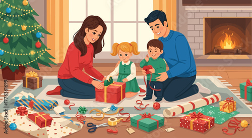 A happy family of four wrapping Christmas presents together in a cozy living room by the fireplace.