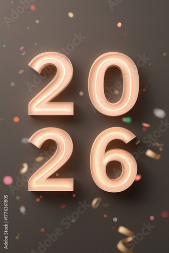 Neon glowing numbers 2026 with confetti and light trails, night party design