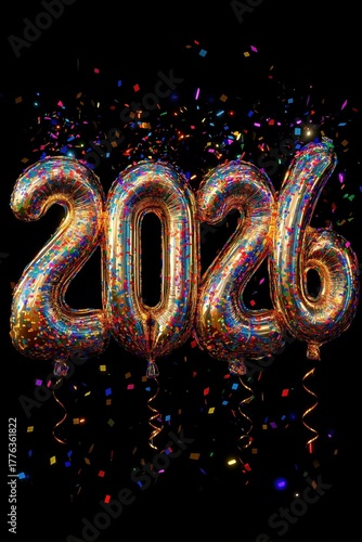 Giant balloon numbers 2026 in mid-air with colorful confetti bursts