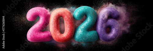 Colorful 2026 numbers with bright powder effects against dark background